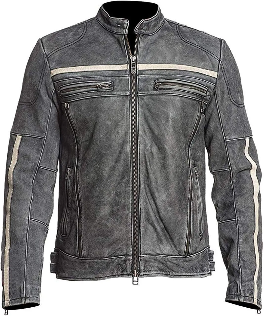 Mens Cafe Racer Vintage Riding Lambskin Leather Retro Motorcycle Black DISTRESSED LEATHER BIKER JACKET