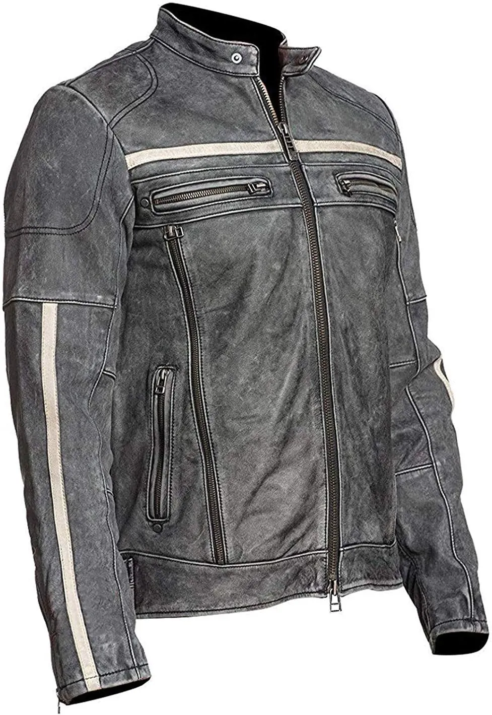 Mens Cafe Racer Vintage Riding Lambskin Leather Retro Motorcycle Black DISTRESSED LEATHER BIKER JACKET
