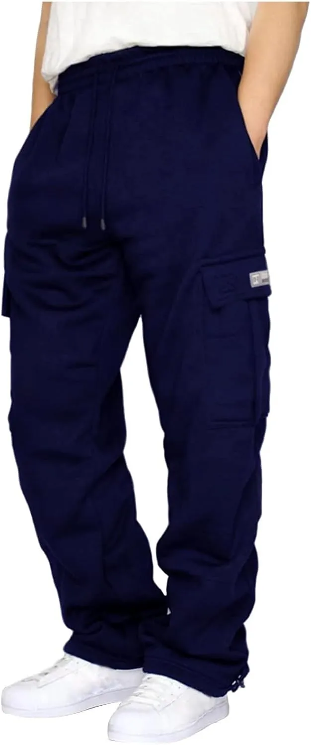 Men's Fleece Cargo Sweatpants Drawstring Loose Fit Joggers Sweats Pants for Adult with Pockets