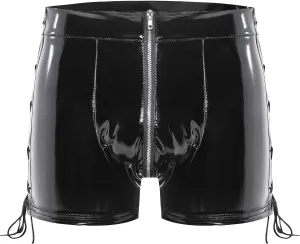 Mens Leather Zipper Crotch Boxers Shorts Sexy Latex Sissy Hot Pants Low Rise Hipster Trunks (Small,Black)