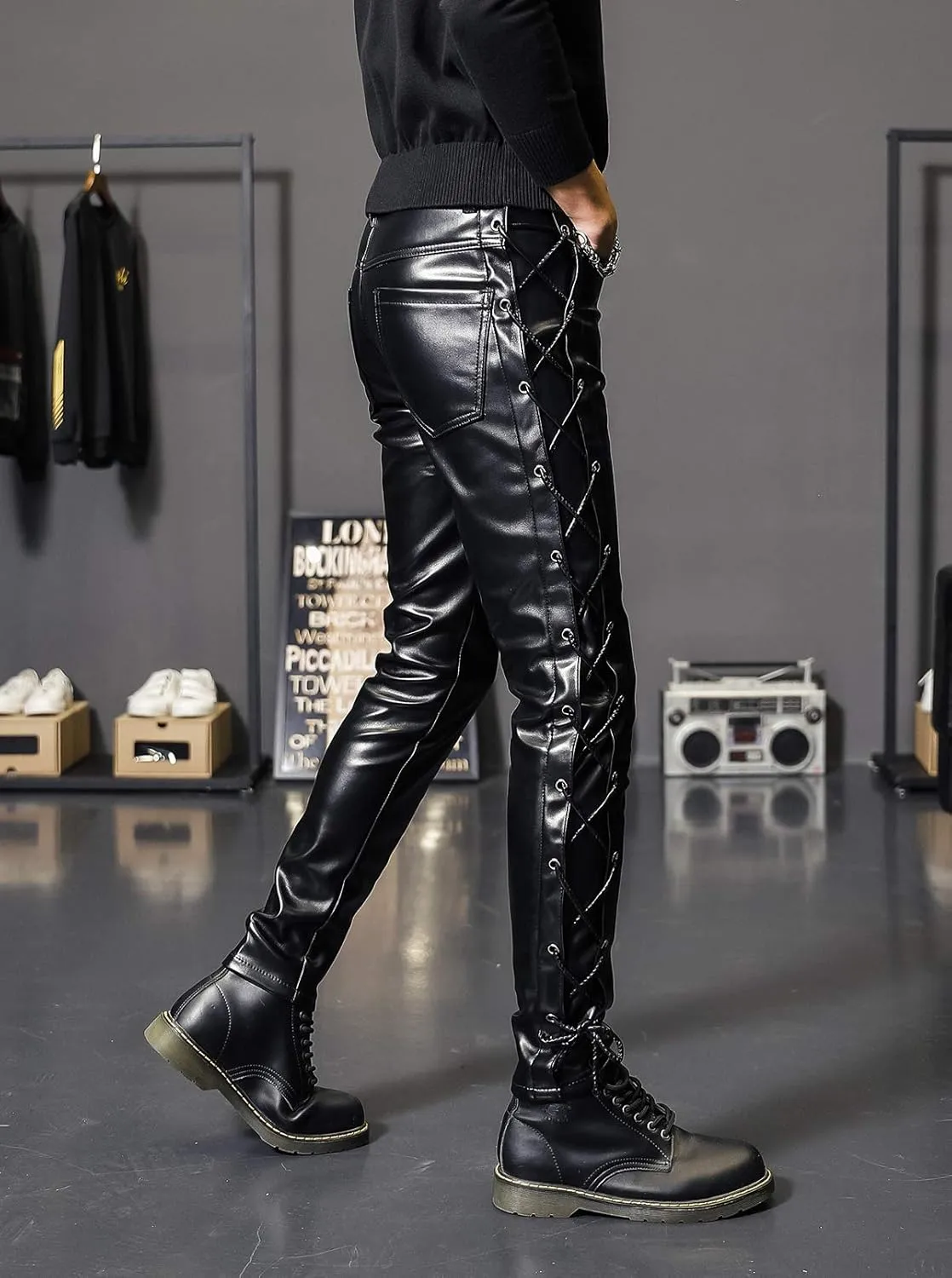 Men`s Rock Steampunk Lace Up PU Leather Pants Slim Fit