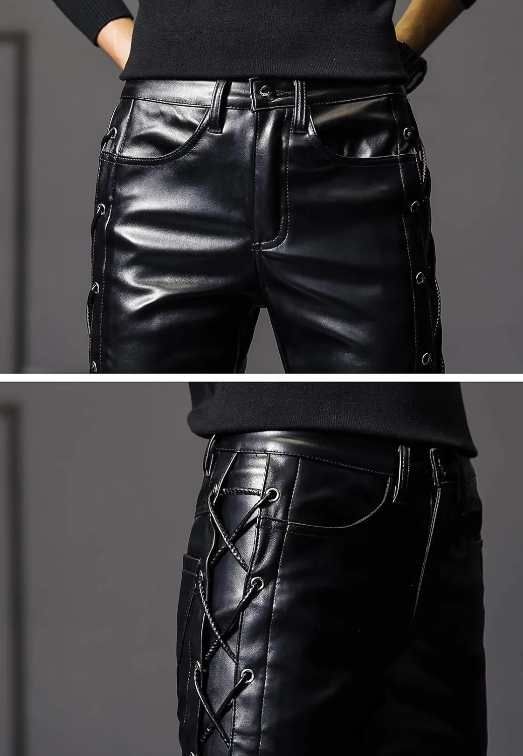 Men`s Rock Steampunk Lace Up PU Leather Pants Slim Fit