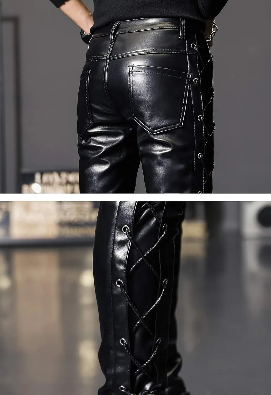 Men`s Rock Steampunk Lace Up PU Leather Pants Slim Fit