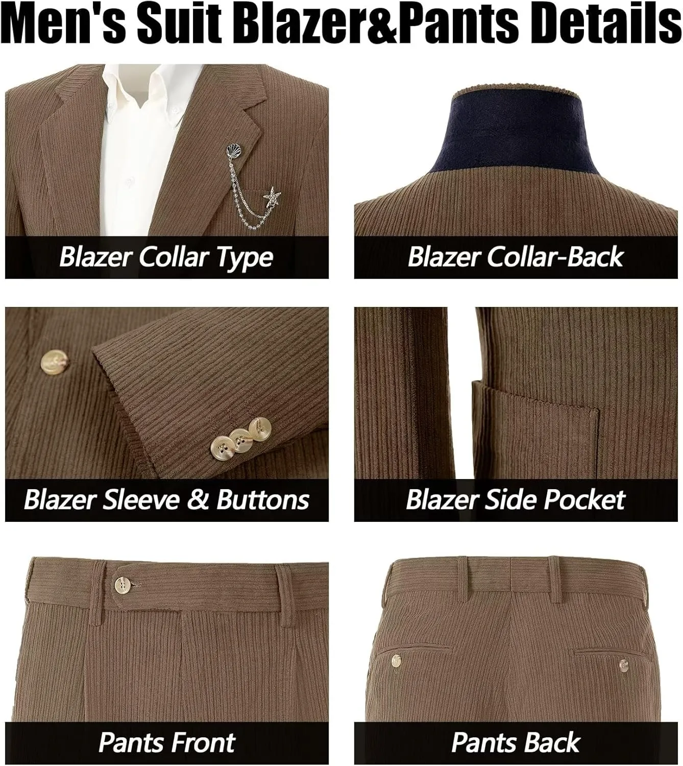 Men's Suits Corduroy 2 Piece Slim Fit One Botton Tuxedo Wedding Suit for Men Formal Blazer Suit for Prom Party