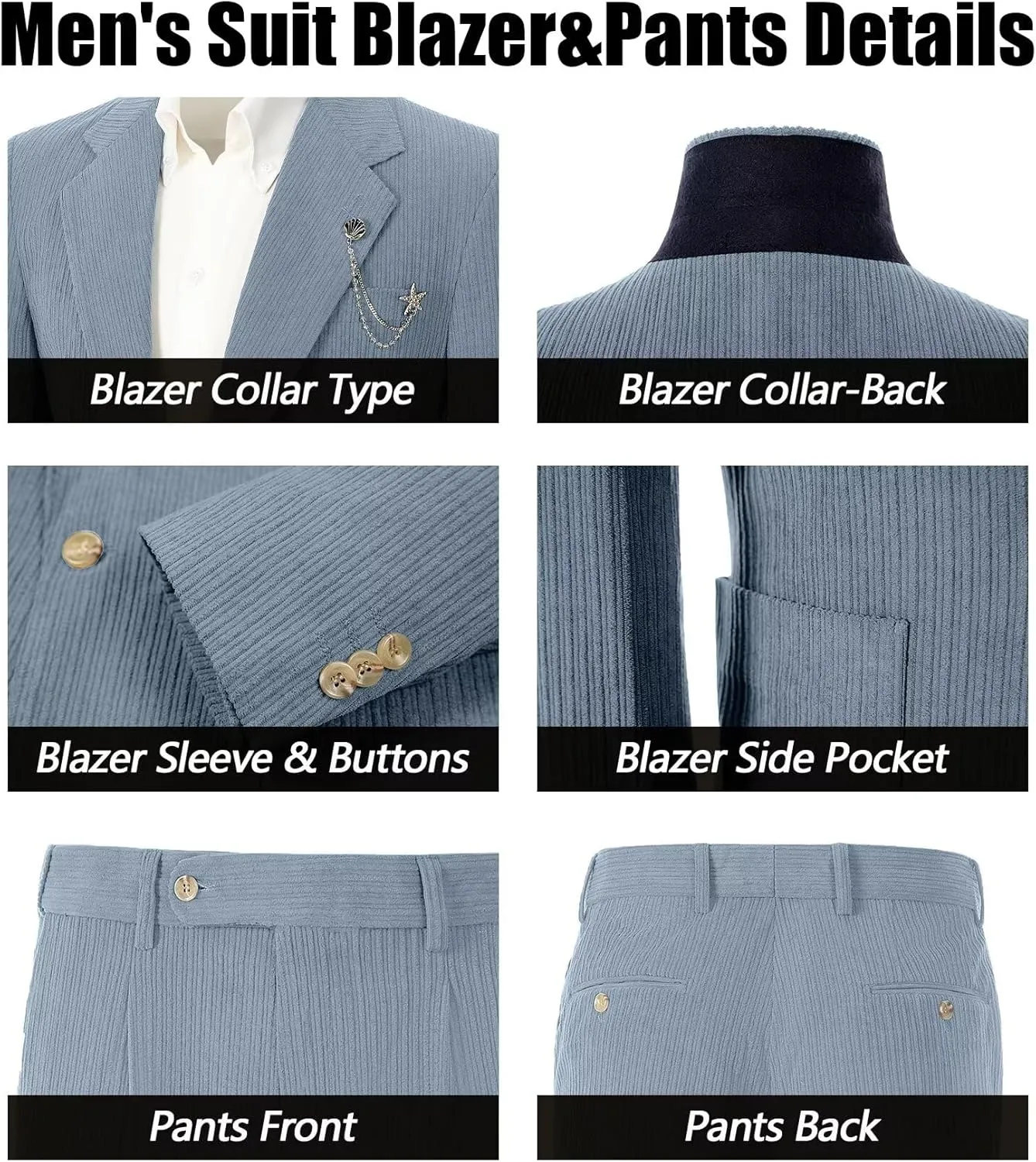 Men's Suits Corduroy 2 Piece Slim Fit One Botton Tuxedo Wedding Suit for Men Formal Blazer Suit for Prom Party