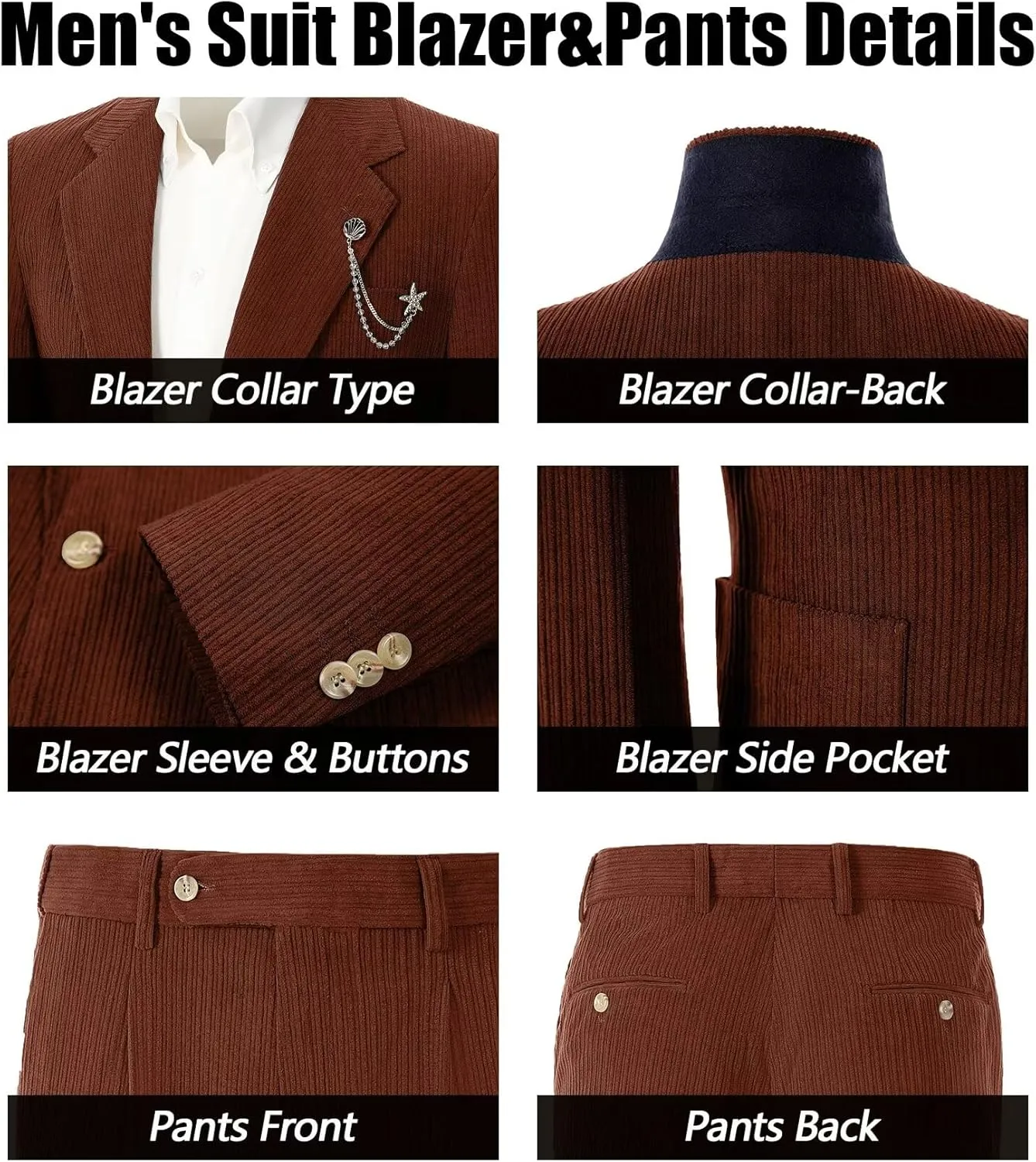 Men's Suits Corduroy 2 Piece Slim Fit One Botton Tuxedo Wedding Suit for Men Formal Blazer Suit for Prom Party
