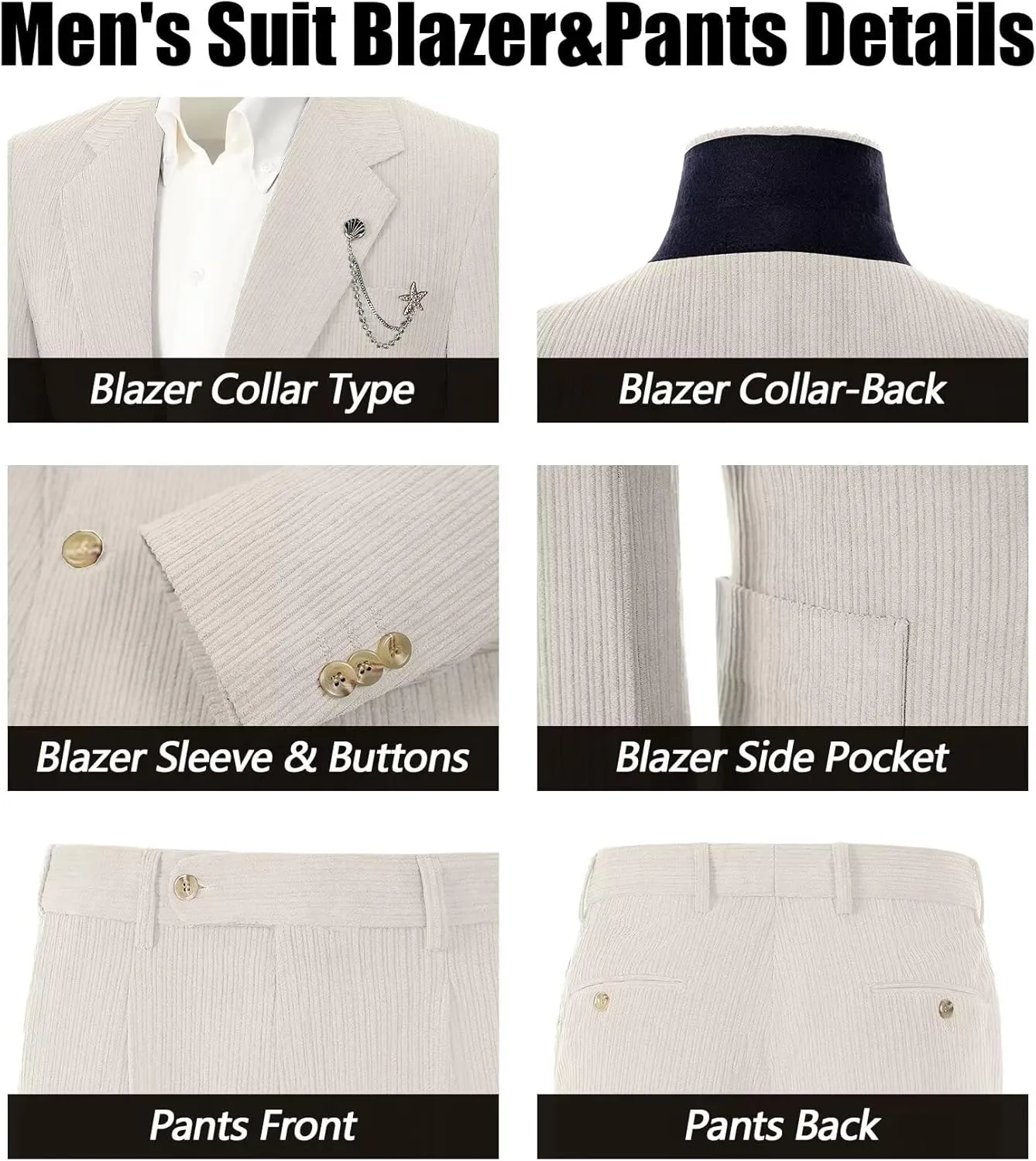 Men's Suits Corduroy 2 Piece Slim Fit One Botton Tuxedo Wedding Suit for Men Formal Blazer Suit for Prom Party