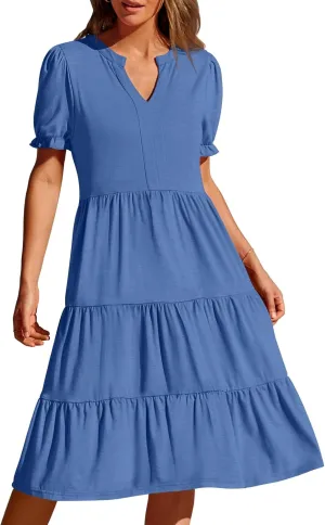 MEROKEETY Women's 2025 Summer Casual Short Puff Sleeve Midi Dress V Neck Flowy Tiered Swing A Line Beach Vacation Sundresses