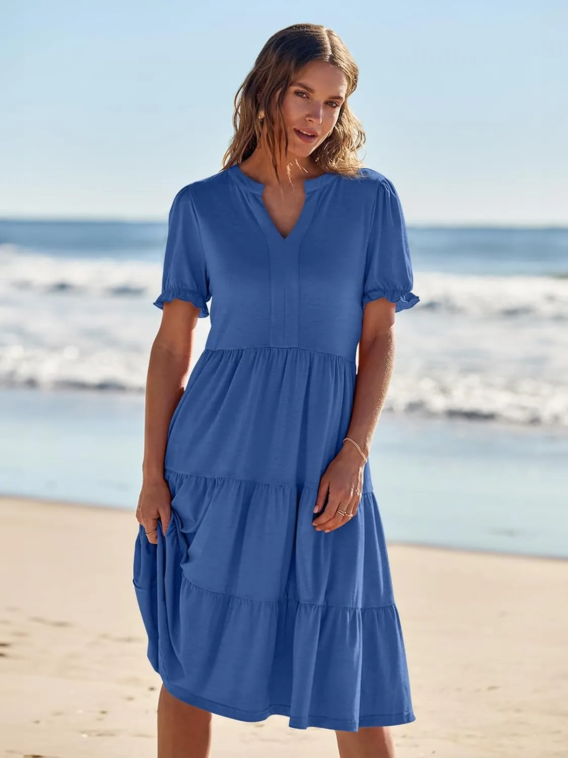 MEROKEETY Women's 2025 Summer Casual Short Puff Sleeve Midi Dress V Neck Flowy Tiered Swing A Line Beach Vacation Sundresses