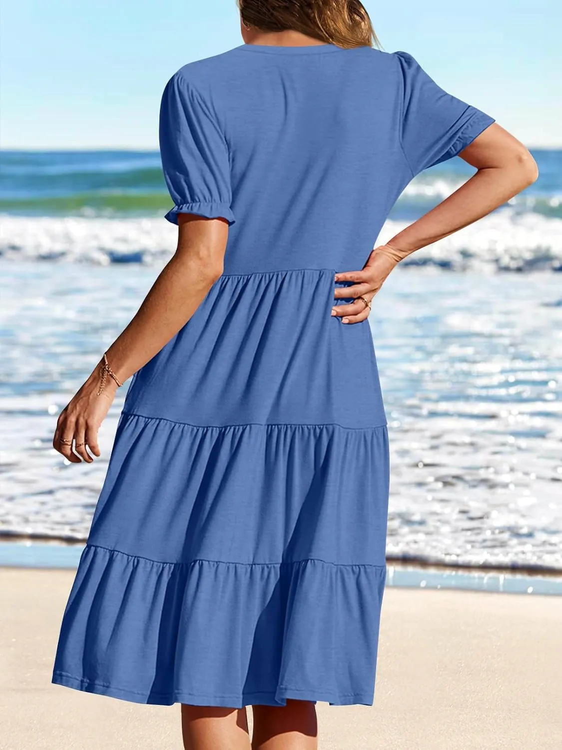 MEROKEETY Women's 2025 Summer Casual Short Puff Sleeve Midi Dress V Neck Flowy Tiered Swing A Line Beach Vacation Sundresses