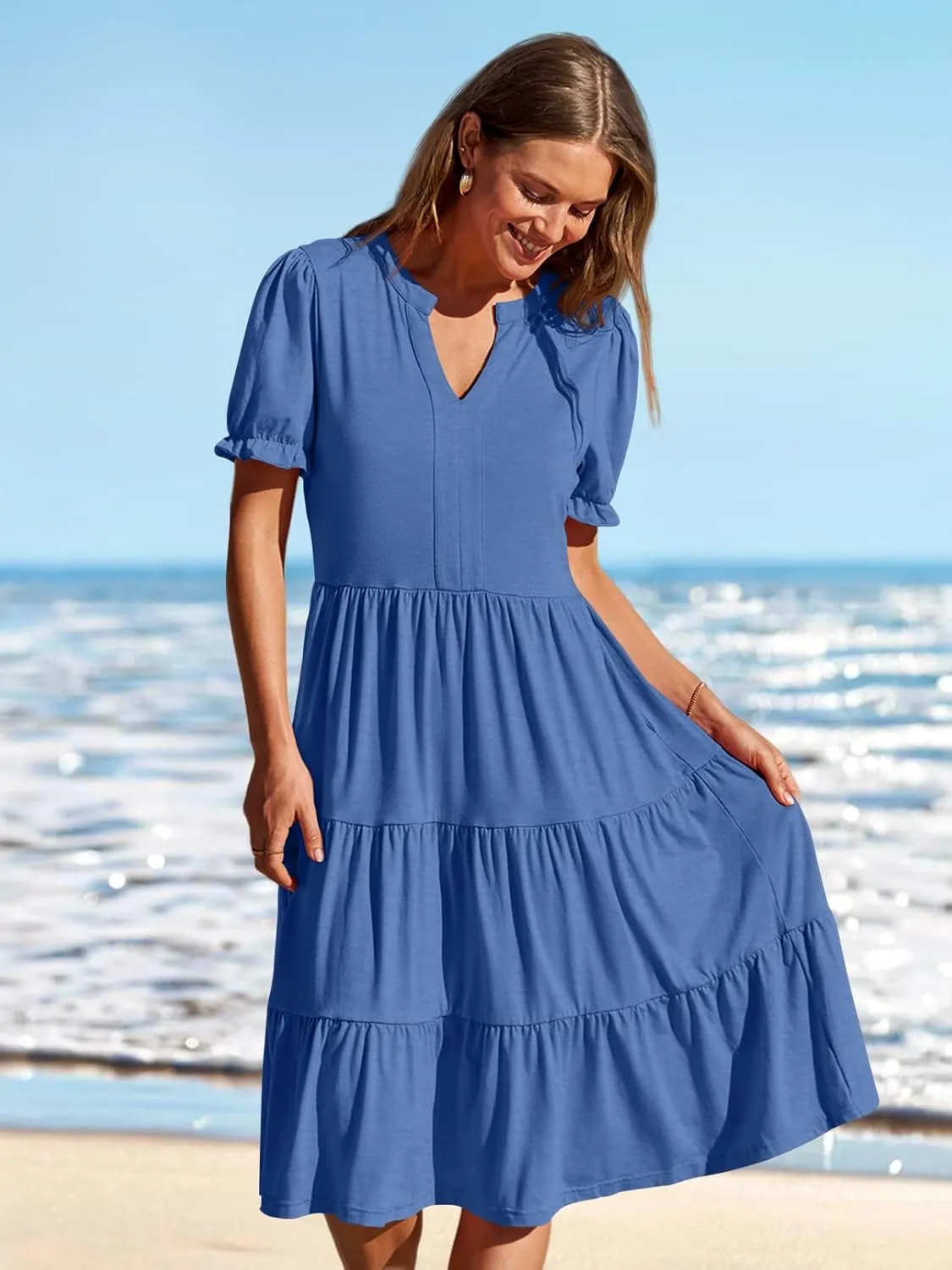 MEROKEETY Women's 2025 Summer Casual Short Puff Sleeve Midi Dress V Neck Flowy Tiered Swing A Line Beach Vacation Sundresses