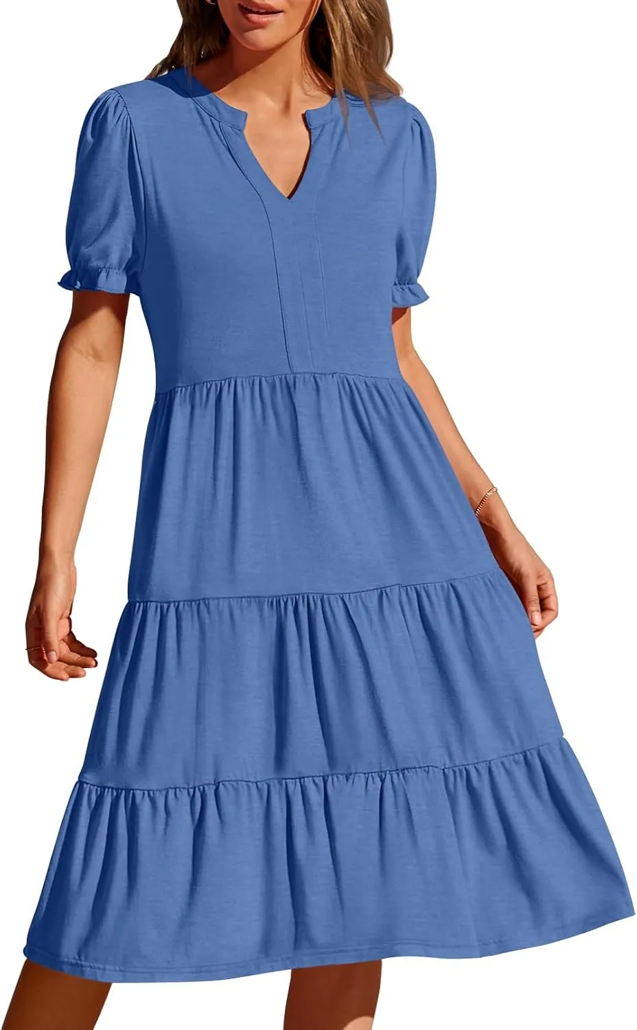 MEROKEETY Women's 2025 Summer Casual Short Puff Sleeve Midi Dress V Neck Flowy Tiered Swing A Line Beach Vacation Sundresses