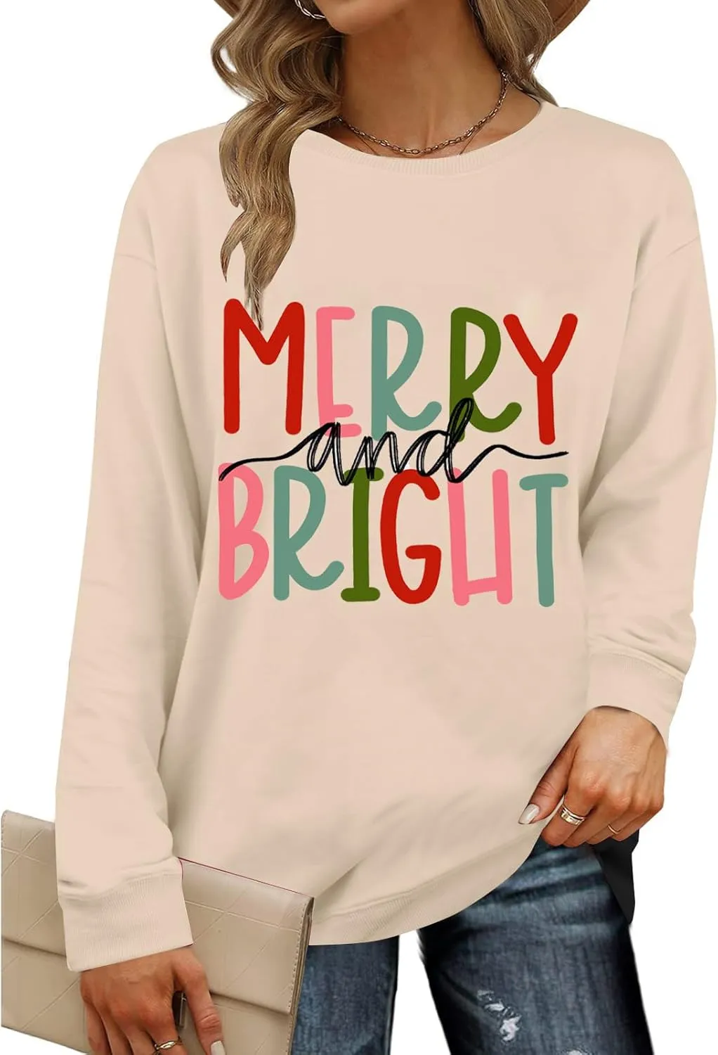 Merry and Bright Christmas Sweatshirt For Women Xmas Gift Cute Plaid Tree Graphic Shirt Pullover Winter Crewneck Tops