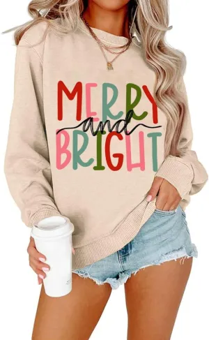 Merry and Bright Christmas Sweatshirt For Women Xmas Gift Cute Plaid Tree Graphic Shirt Pullover Winter Crewneck Tops
