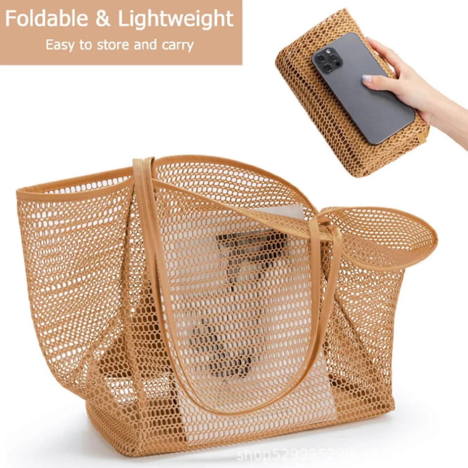 Mesh Beach Bag Foldable Lightweight Casual Tote Bag 23L Travel Shoulder Bag Gift for Pool Shopping Vacation Essentials