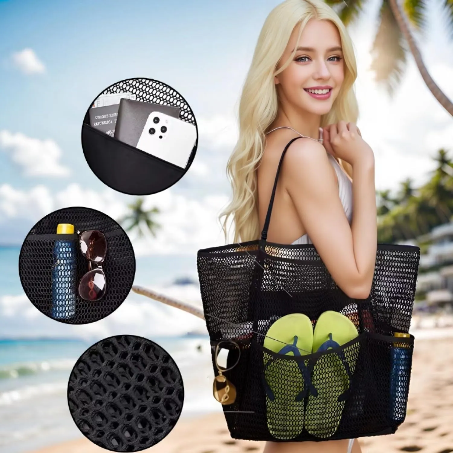Mesh Beach Bag Foldable Lightweight Casual Tote Bag 23L Travel Shoulder Bag Gift for Pool Shopping Vacation Essentials