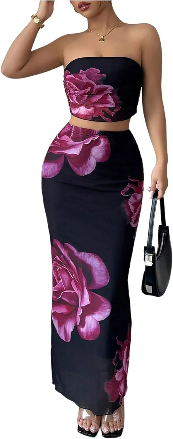 Milumia Women's Two Piece Skirt Set Floral Print Strapless Bandeau Top Bodycon Long Skirts Outfits