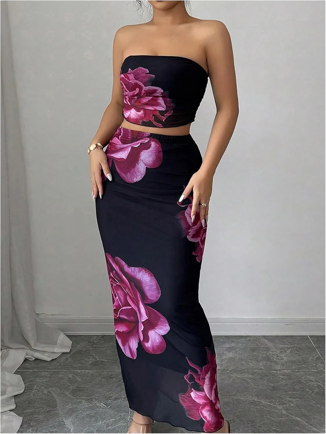 Milumia Women's Two Piece Skirt Set Floral Print Strapless Bandeau Top Bodycon Long Skirts Outfits