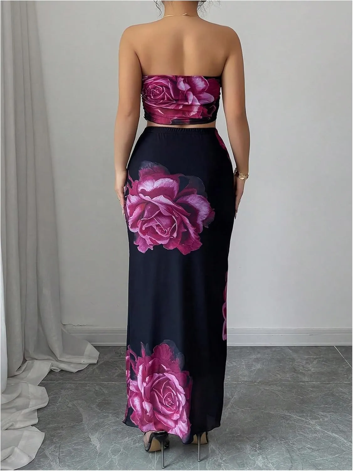 Milumia Women's Two Piece Skirt Set Floral Print Strapless Bandeau Top Bodycon Long Skirts Outfits