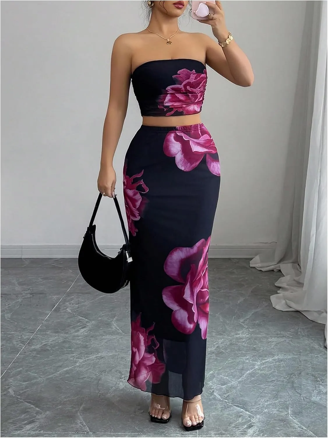 Milumia Women's Two Piece Skirt Set Floral Print Strapless Bandeau Top Bodycon Long Skirts Outfits