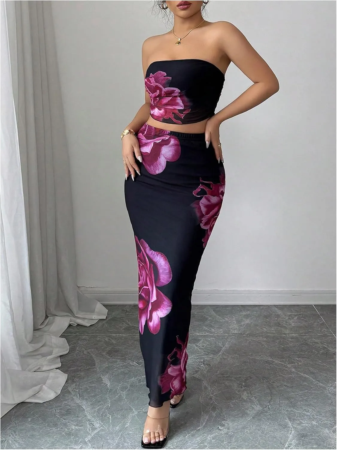 Milumia Women's Two Piece Skirt Set Floral Print Strapless Bandeau Top Bodycon Long Skirts Outfits
