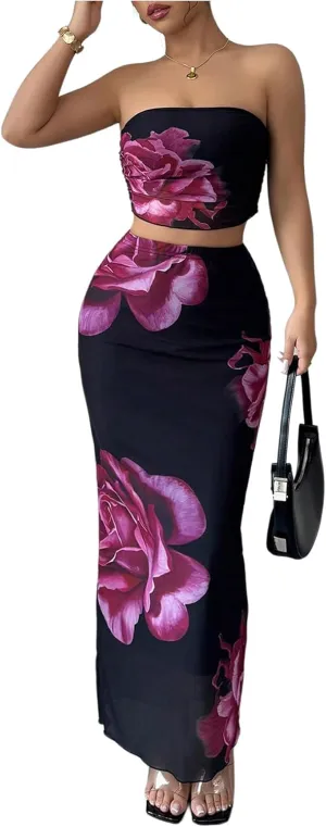 Milumia Women's Two Piece Skirt Set Floral Print Strapless Bandeau Top Bodycon Long Skirts Outfits