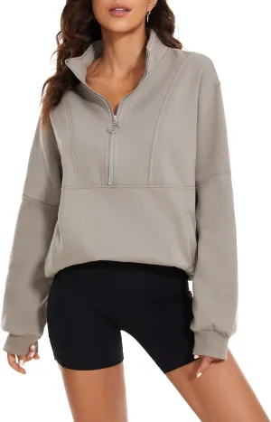 MISSACTIVER Womens Oversized Half Zip Sweatshirt Quarter 1/4 Zipper Long Sleeve Drop Shoulder Pocket Pullover Jacket Tops