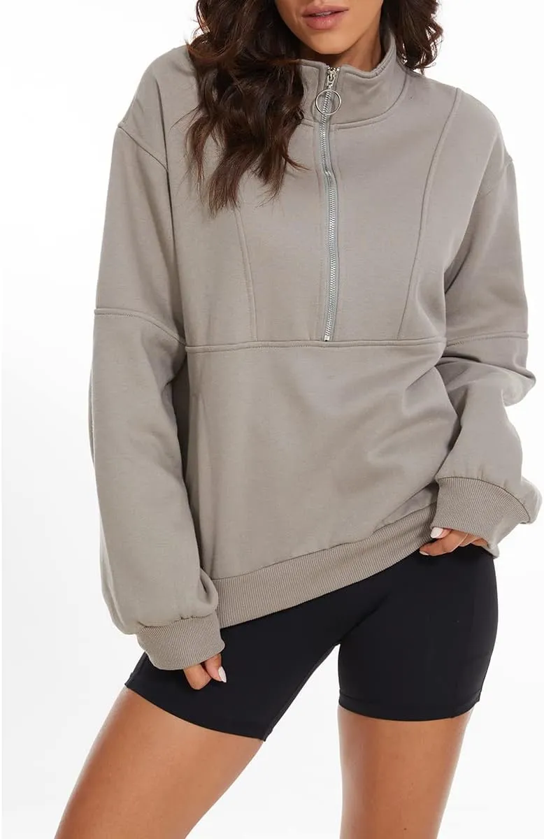 MISSACTIVER Womens Oversized Half Zip Sweatshirt Quarter 1/4 Zipper Long Sleeve Drop Shoulder Pocket Pullover Jacket Tops