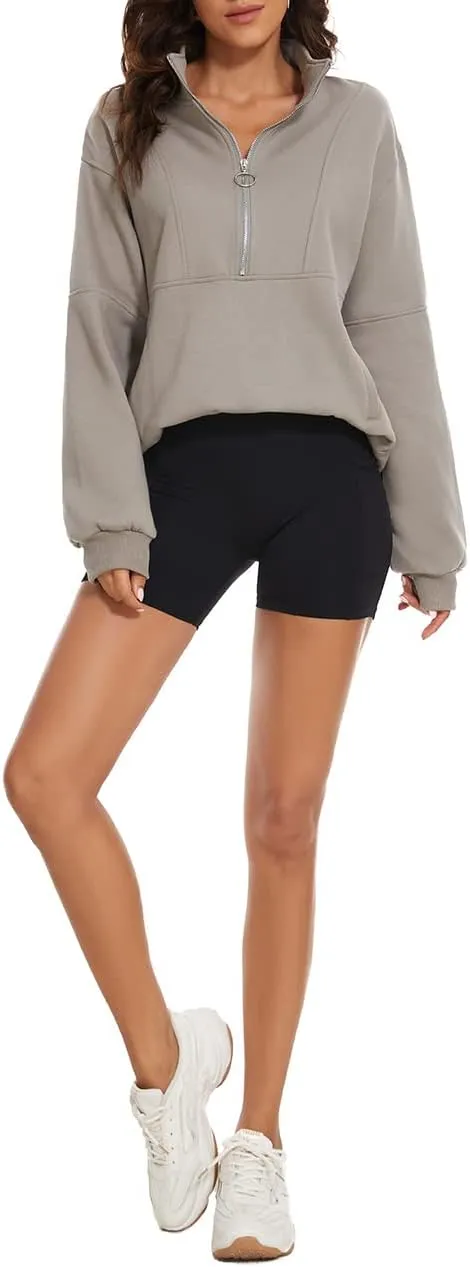 MISSACTIVER Womens Oversized Half Zip Sweatshirt Quarter 1/4 Zipper Long Sleeve Drop Shoulder Pocket Pullover Jacket Tops