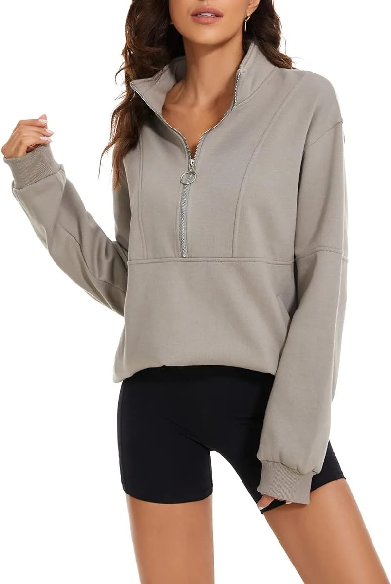 MISSACTIVER Womens Oversized Half Zip Sweatshirt Quarter 1/4 Zipper Long Sleeve Drop Shoulder Pocket Pullover Jacket Tops