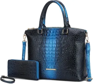 MKF Collection Tote Bag for Women & Wristlet Wallet Purse Set, Crocodile-Embossed Vegan Leather Top-Handle Handbag by Mia k