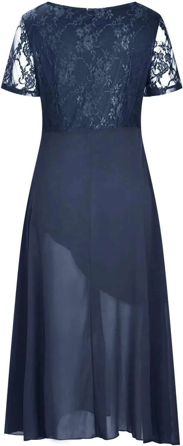 Mother of The Bride Dresses Tea Length Lace Appliques Flowy Chiffon Short Sleeve V Neck Formal Evening Dresses for Women