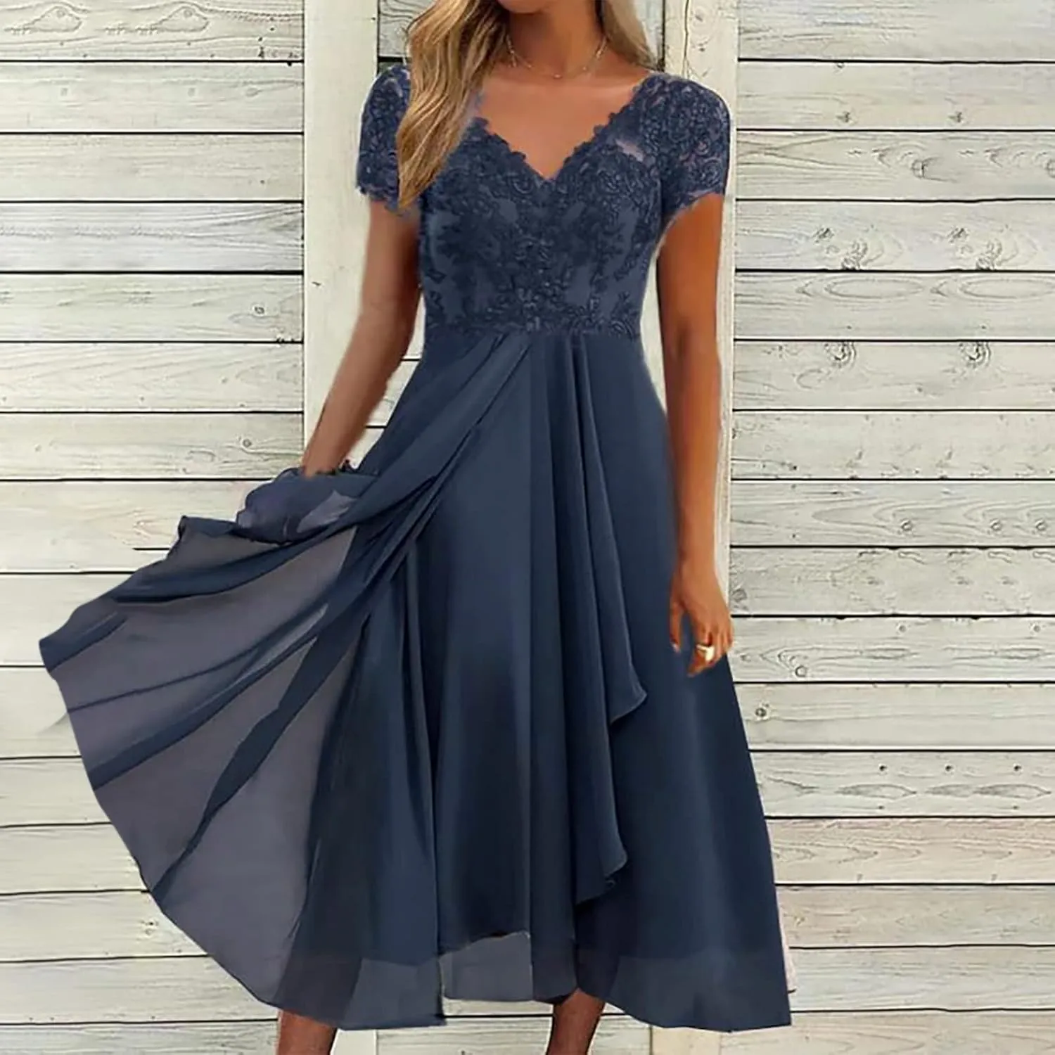 Mother of The Bride Dresses Tea Length Lace Appliques Flowy Chiffon Short Sleeve V Neck Formal Evening Dresses for Women