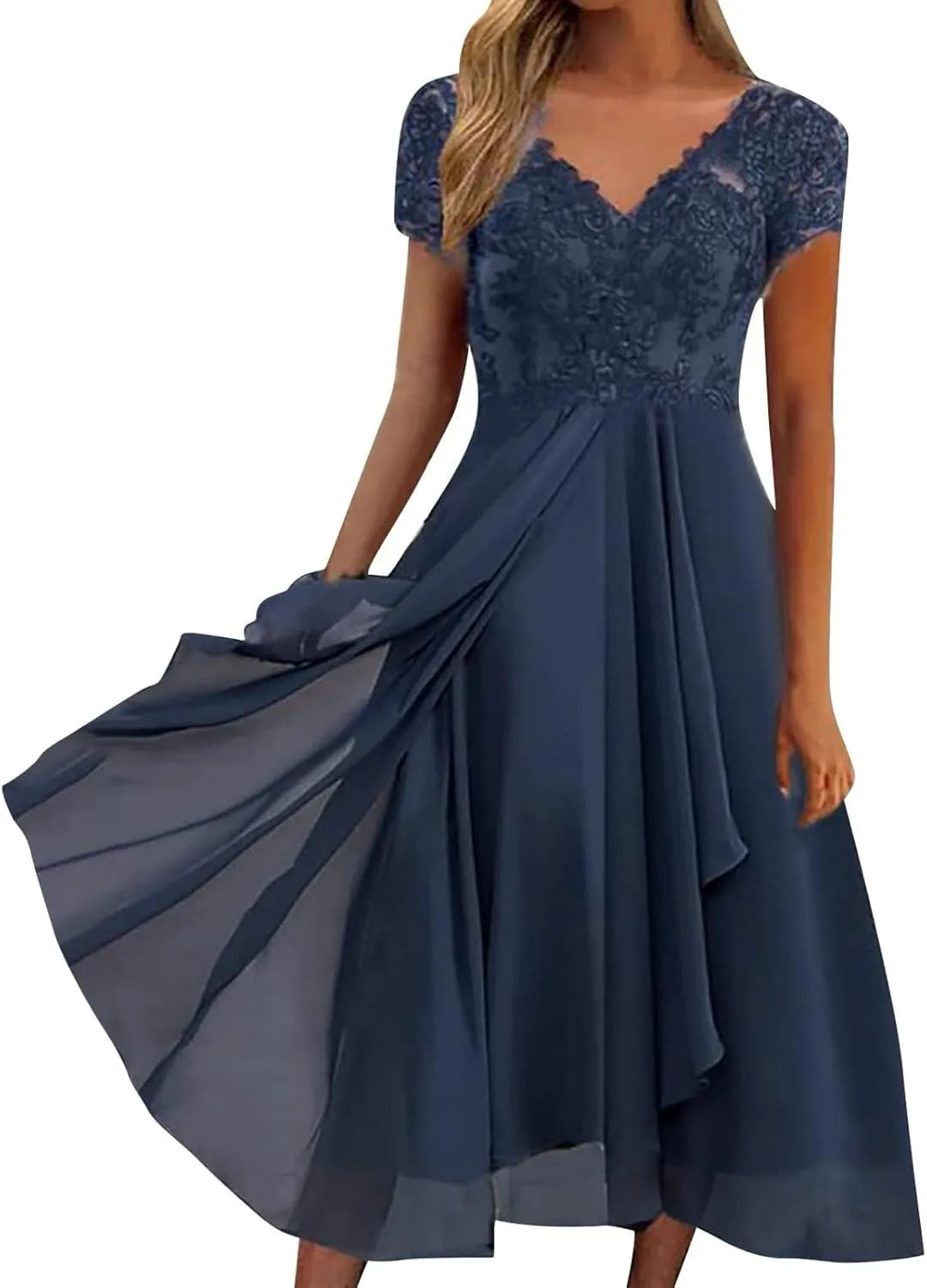 Mother of The Bride Dresses Tea Length Lace Appliques Flowy Chiffon Short Sleeve V Neck Formal Evening Dresses for Women