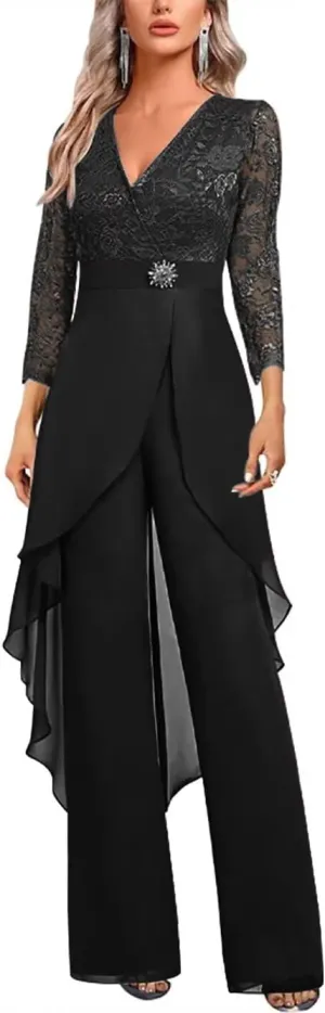Mother of The Bride Pant Suits 2 Pieces 3/4 Sleeve Wedding Guest Jumpsuit for Women
