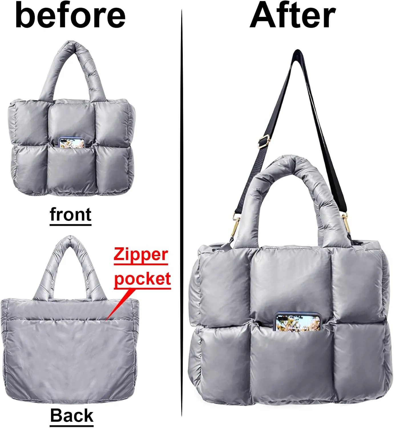 NAARIIAN Puffer Tote Bag for Women, Lightweight Quilted Puffy Shoulder Handbag with Adjustable Shoulder Strap
