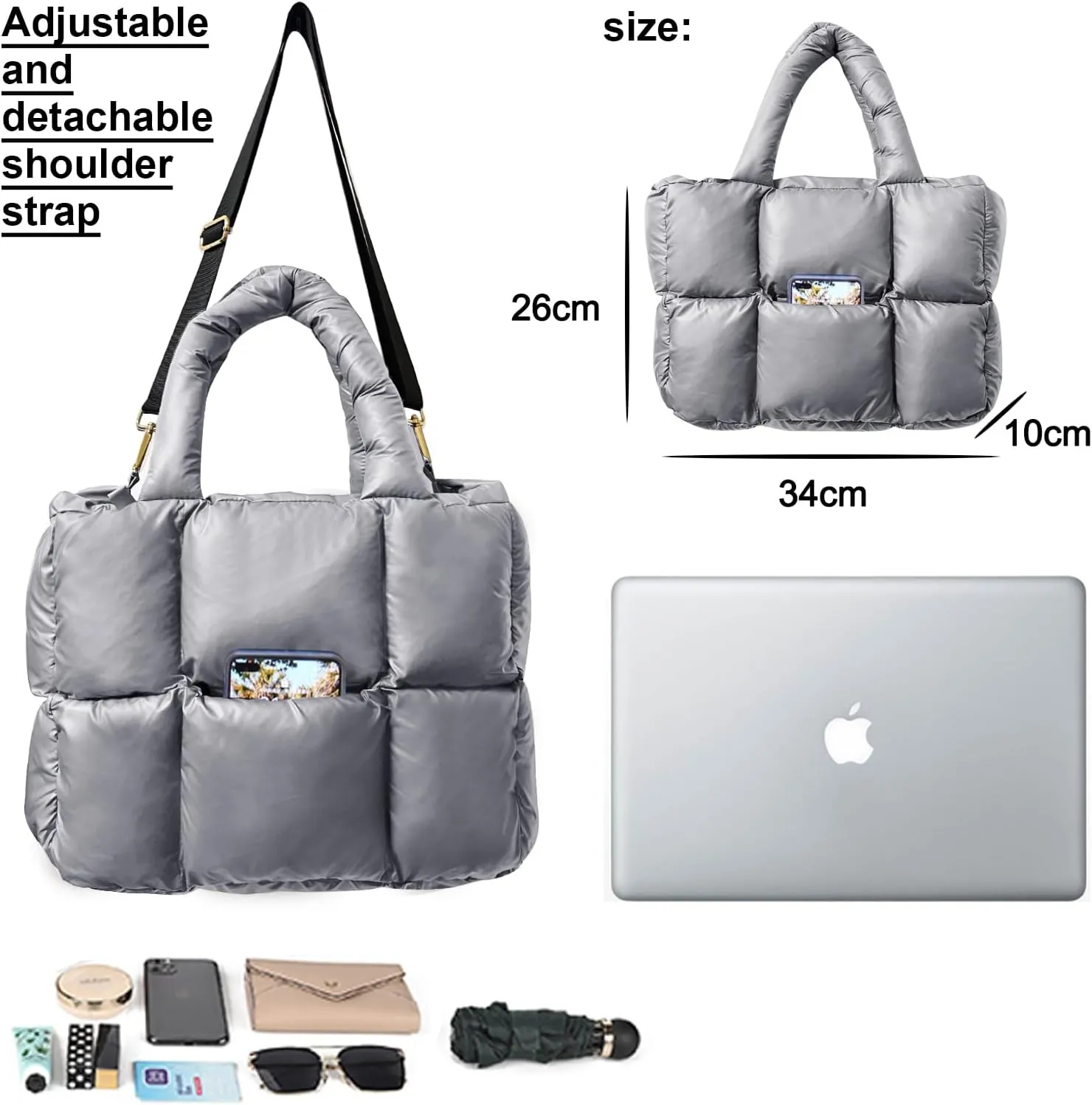 NAARIIAN Puffer Tote Bag for Women, Lightweight Quilted Puffy Shoulder Handbag with Adjustable Shoulder Strap