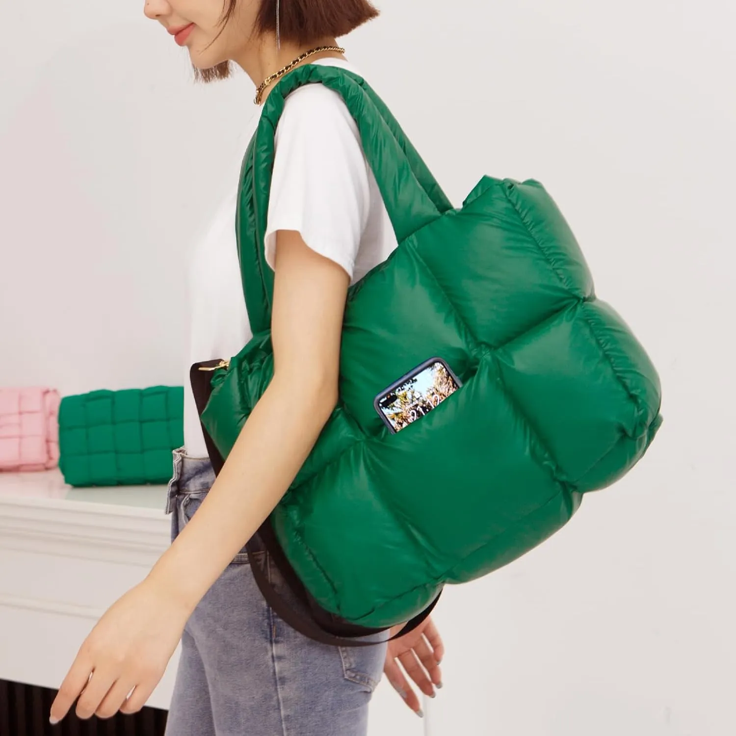 NAARIIAN Puffer Tote Bag for Women, Lightweight Quilted Puffy Shoulder Handbag with Adjustable Shoulder Strap