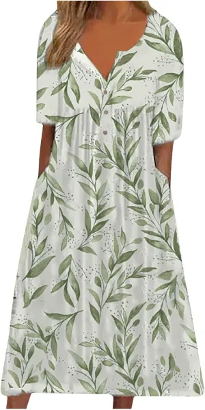 NaRHbrg Womens Summer Dress Casual Floral Print Midi Dress Button V Neck Short Sleeve Dresses Flowy Boho Beach Party Sundress