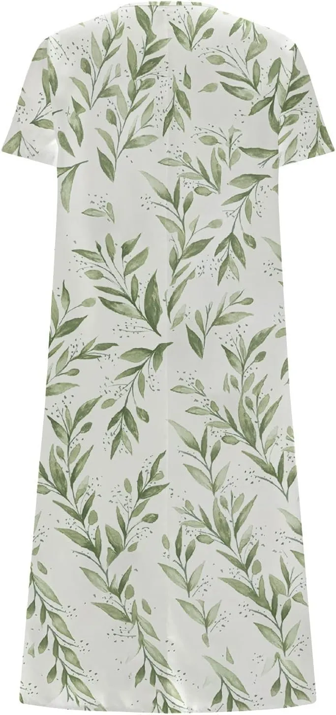 NaRHbrg Womens Summer Dress Casual Floral Print Midi Dress Button V Neck Short Sleeve Dresses Flowy Boho Beach Party Sundress
