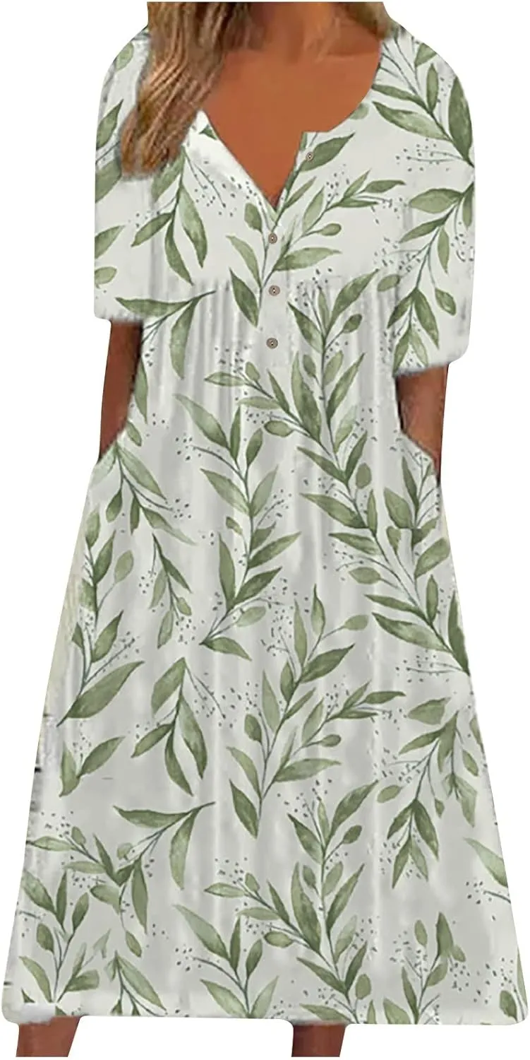 NaRHbrg Womens Summer Dress Casual Floral Print Midi Dress Button V Neck Short Sleeve Dresses Flowy Boho Beach Party Sundress