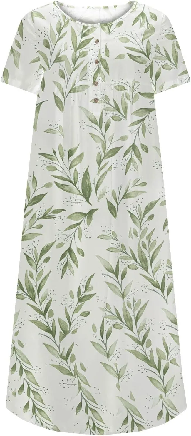 NaRHbrg Womens Summer Dress Casual Floral Print Midi Dress Button V Neck Short Sleeve Dresses Flowy Boho Beach Party Sundress