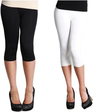 NIKIBIKI Women Seamless Basic Capri Legging Tights, Made in U.S.A, One Size (2 Pack: Black, White)