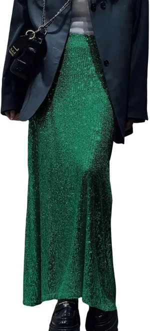 NUFIWI Sequin Glitter Maxi Skirt for Women High Waist Bodycon Long Skirt Shiny Sparkly Metallic Skirt Party Clubwear