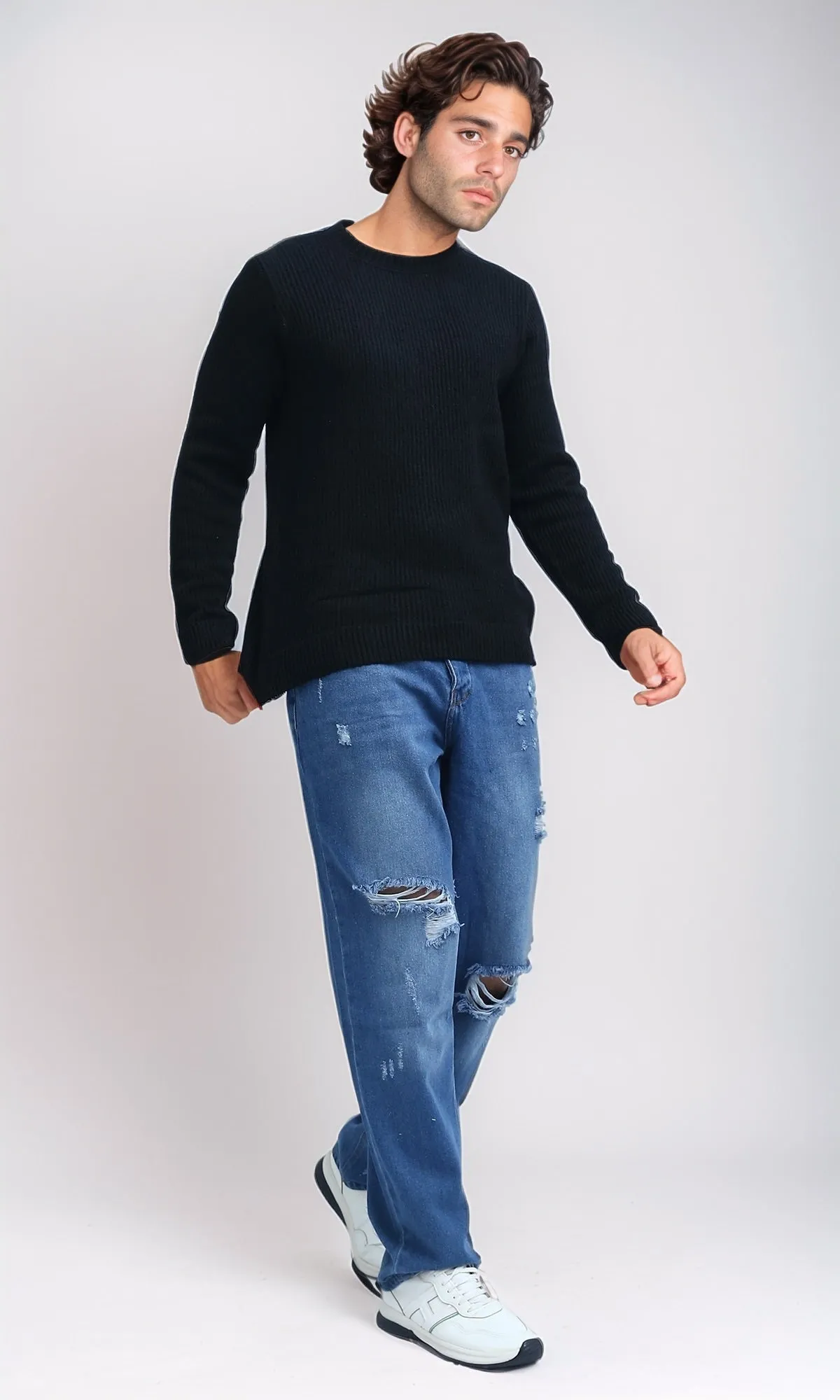 O199877 - Ribbed Round Neck Pullover with Long Sleeves - Black
