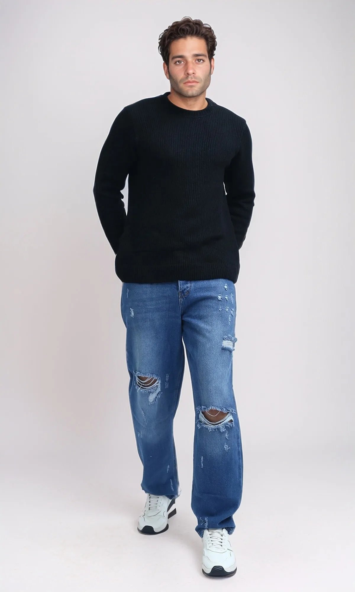 O199877 - Ribbed Round Neck Pullover with Long Sleeves - Black