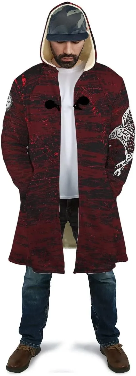 Odin Raven Men Viking Hooded Coat, Nordic Faux Cashmere Cloak 3D Printed Overcoat Winter Mid-Length Parka Jacket