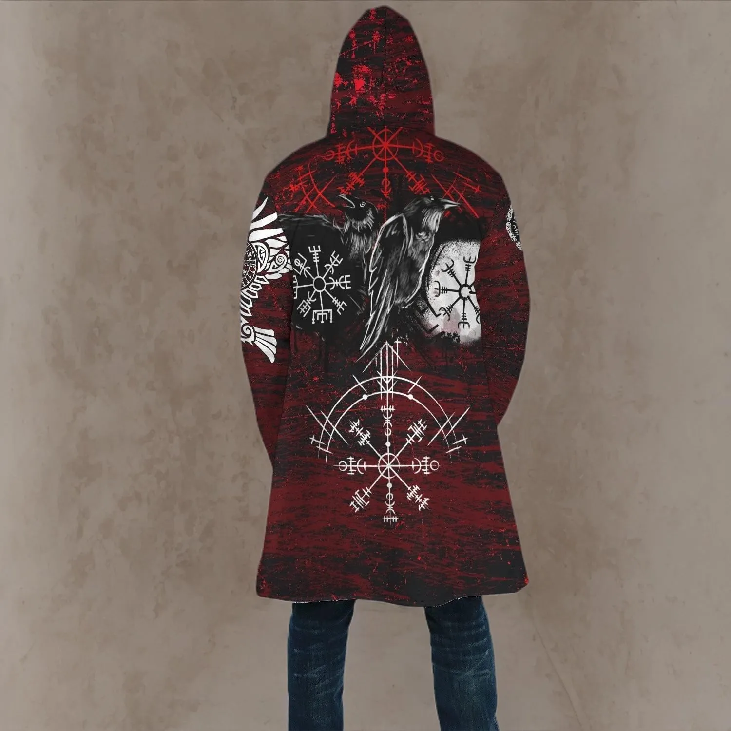 Odin Raven Men Viking Hooded Coat, Nordic Faux Cashmere Cloak 3D Printed Overcoat Winter Mid-Length Parka Jacket