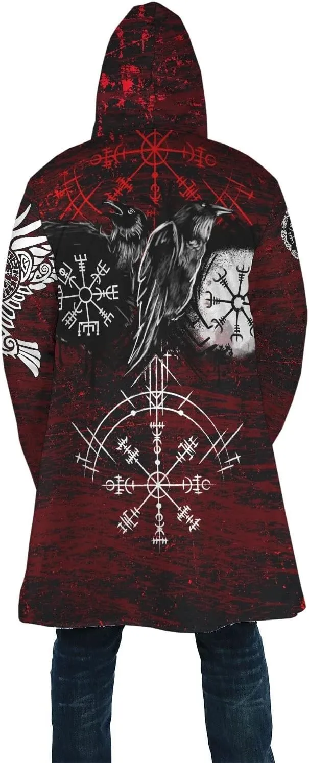 Odin Raven Men Viking Hooded Coat, Nordic Faux Cashmere Cloak 3D Printed Overcoat Winter Mid-Length Parka Jacket