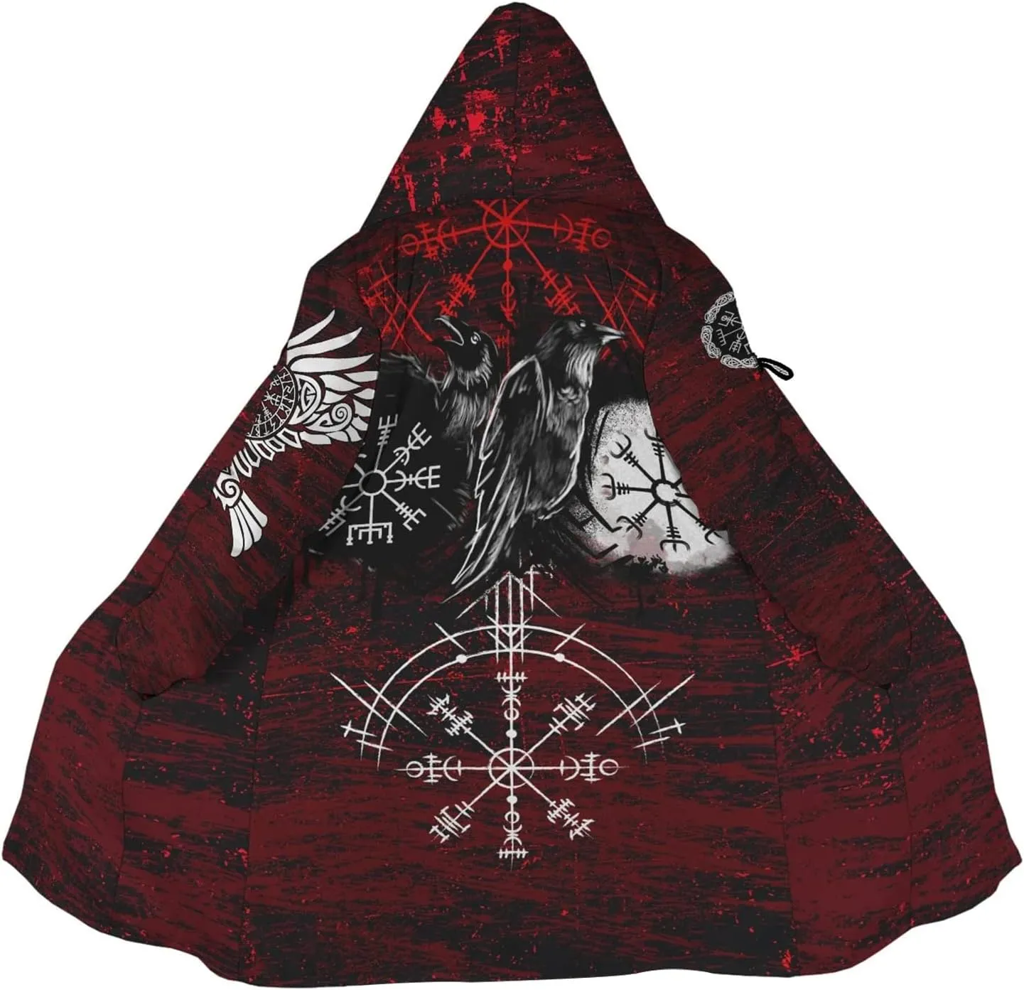 Odin Raven Men Viking Hooded Coat, Nordic Faux Cashmere Cloak 3D Printed Overcoat Winter Mid-Length Parka Jacket